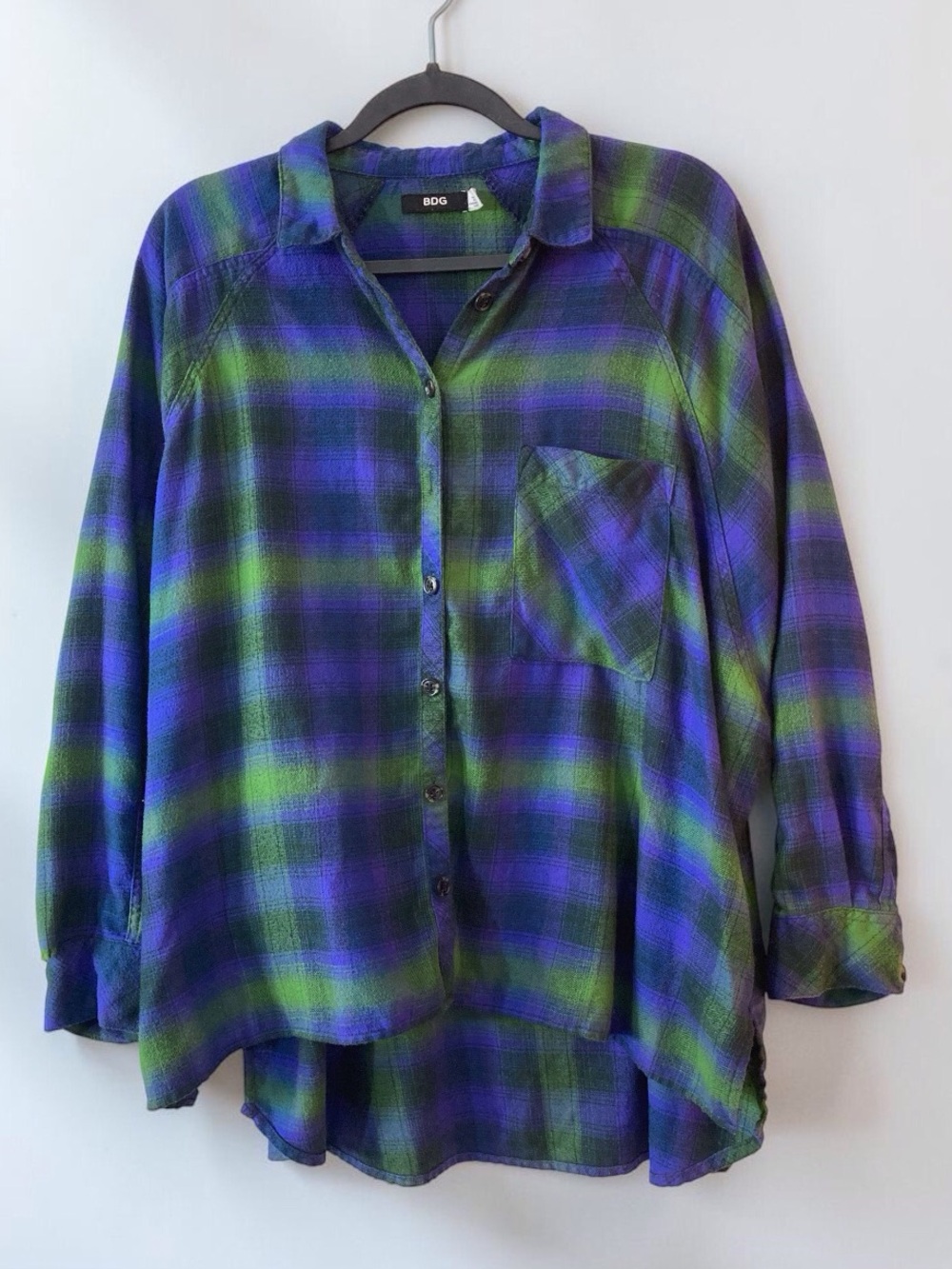 BDG Oversized Plaid Tunic Shirt Purple Green High Low Women’s Small